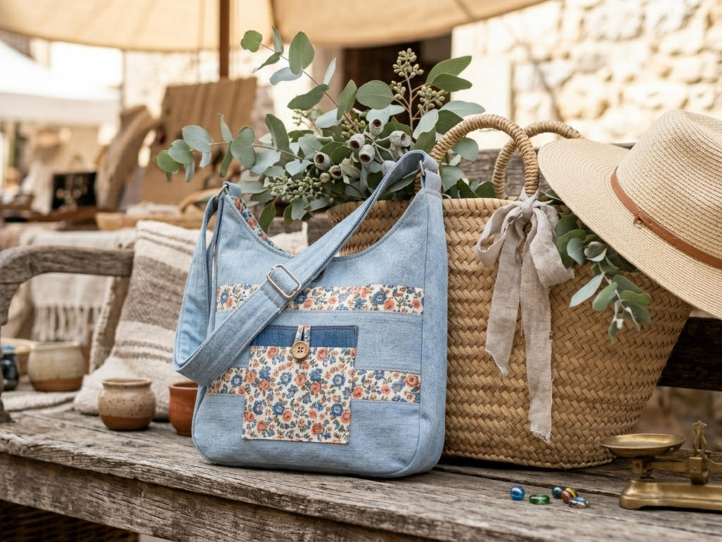 Boho Sling Hobo Bag Sewing Pattern PDF, Crossbody Tote Hobo DIY, Upcycle Jeans Bag, Floral Denim Shoulder Bag, Easy Sewing, Instant Download