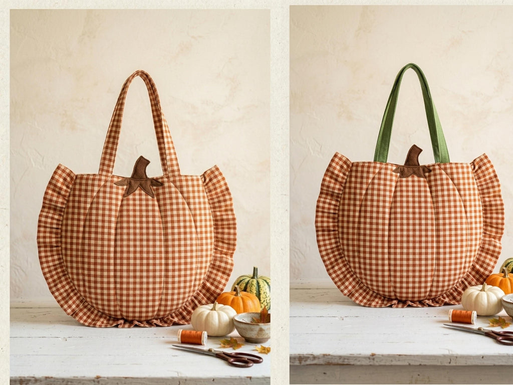 Ruffled Pumpkin Tote Sewing Pattern, Beginner Friendly Gingham Bag (PDF Download)