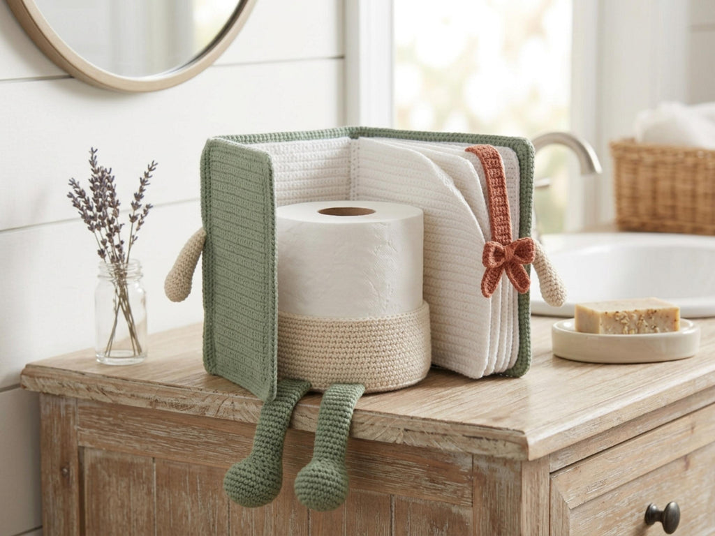 Funny Crochet Gift-Storybook Toilet Paper Holder Pattern PDF | Book Bathroom Amigurumi with Bow Bookmark | Digital Download Book lovers gift