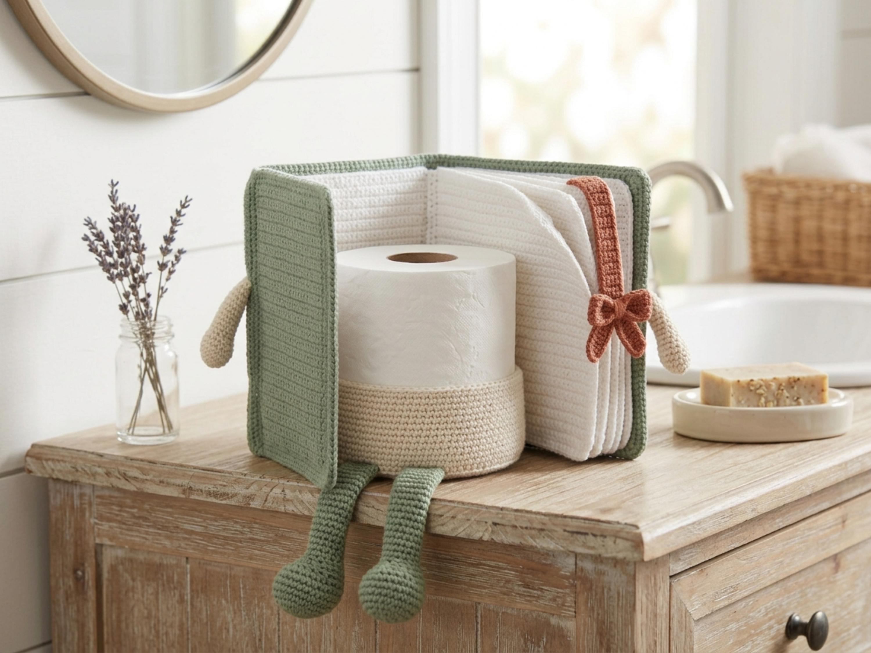 Funny Crochet Gift-Storybook Toilet Paper Holder Pattern PDF | Book Bathroom Amigurumi with Bow Bookmark | Digital Download Book lovers gift