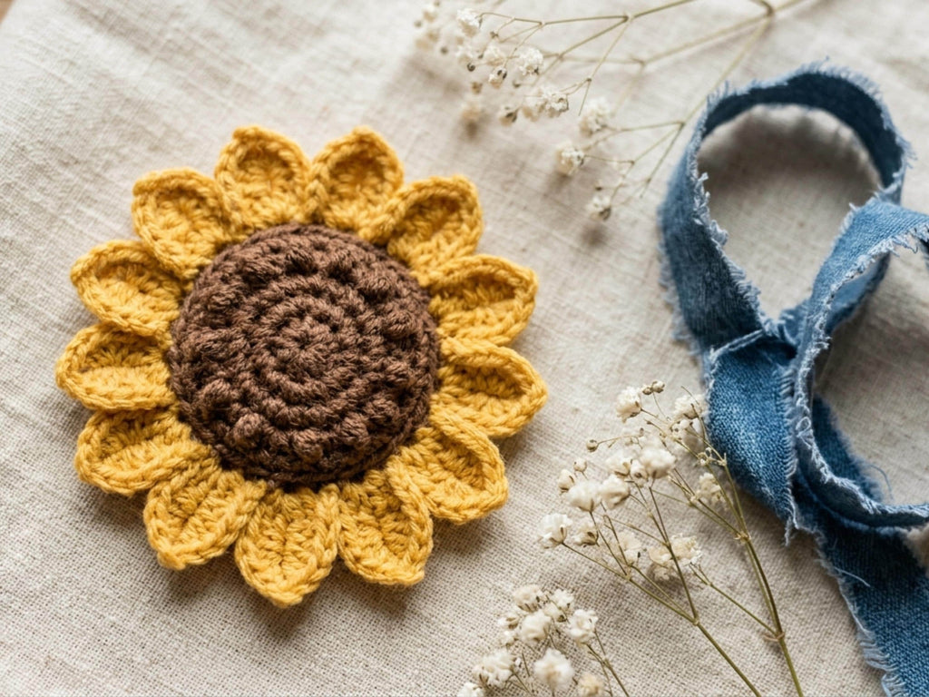Sunflower Crochet Applique Pattern, Boho Farmhouse Flower Motif (PDF Download)