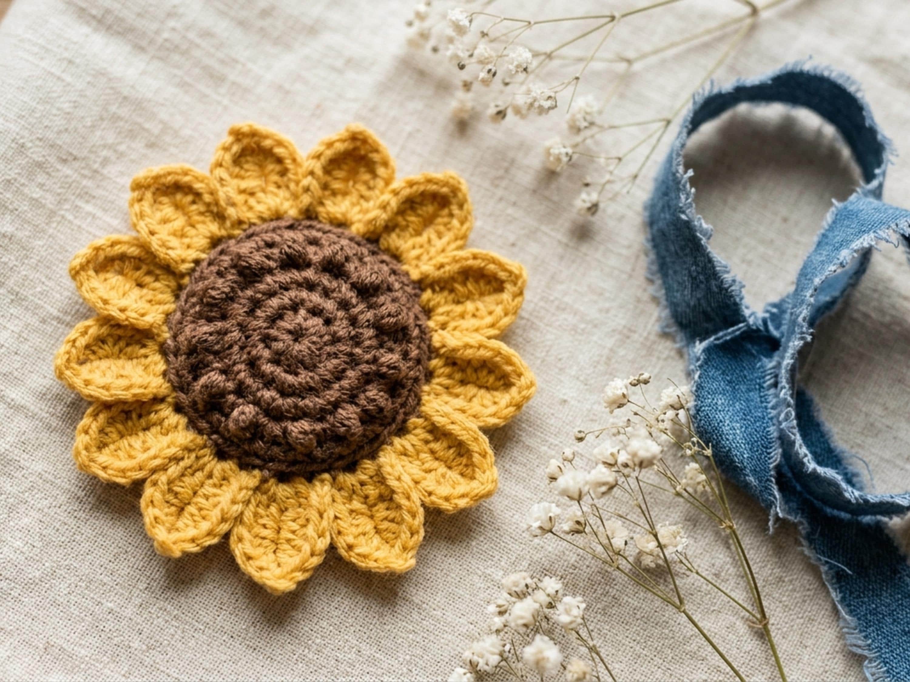 Sunflower Crochet Applique Pattern, Boho Farmhouse Flower Motif (PDF Download)