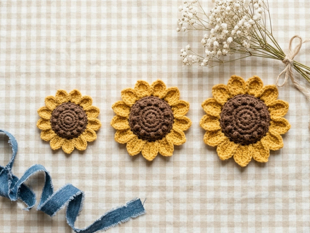 Sunflower Crochet Applique Pattern, Boho Farmhouse Flower Motif (PDF Download)