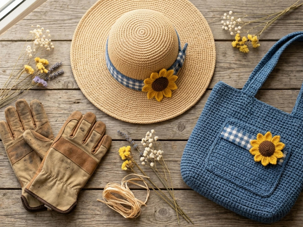 Crochet Sun Hat Pattern, Raffia Wide Brim, Sunflower Applique, Farmhouse Summer (PDF Download)