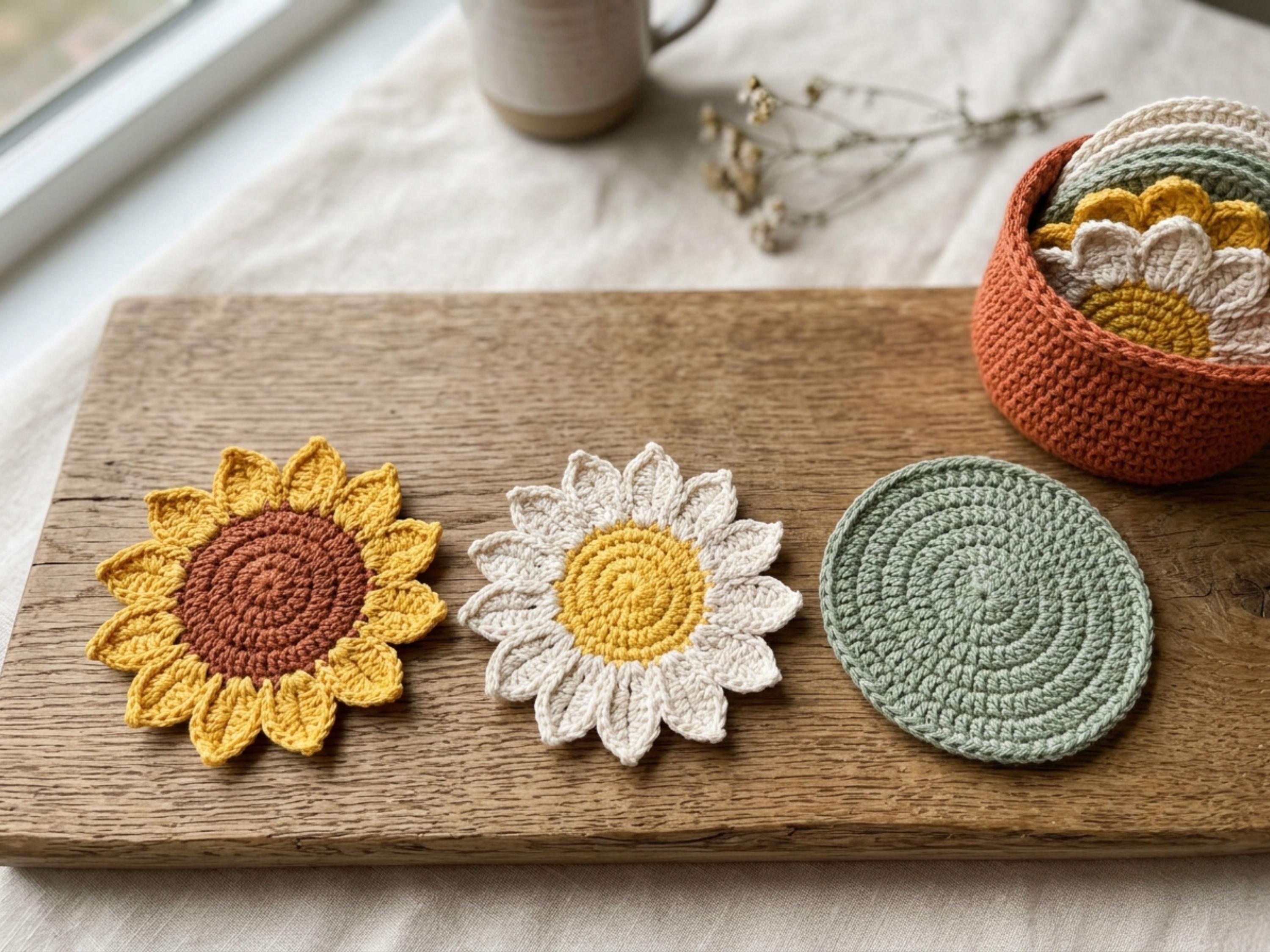 Crochet Coaster Set Pattern PDF, Sunflower Daisy Flower Coasters with Mini Pot Holder, Beginner Faceless Home Decor, Easy PDF Download