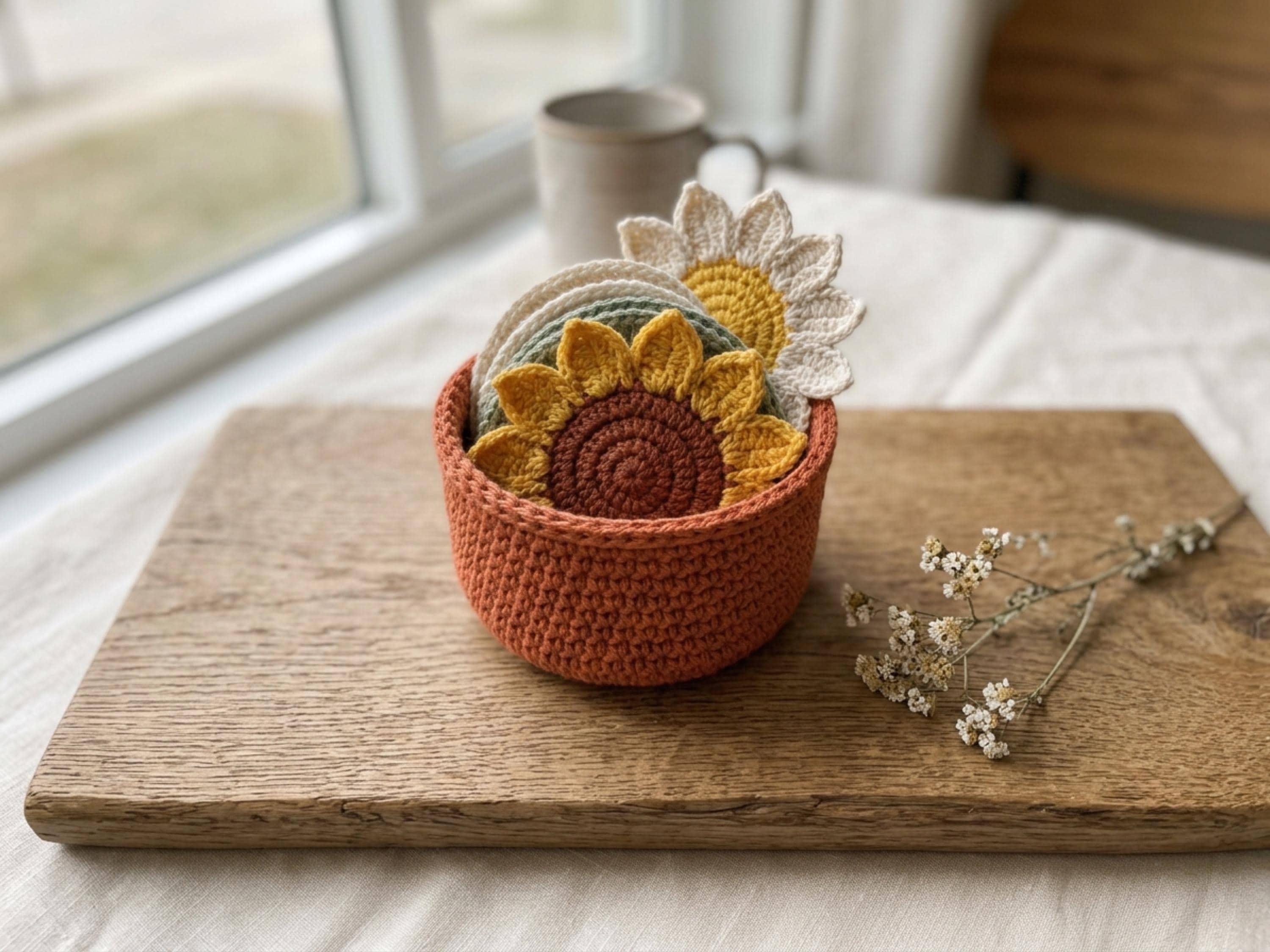 Crochet Coaster Set Pattern PDF, Sunflower Daisy Flower Coasters with Mini Pot Holder, Beginner Faceless Home Decor, Easy PDF Download