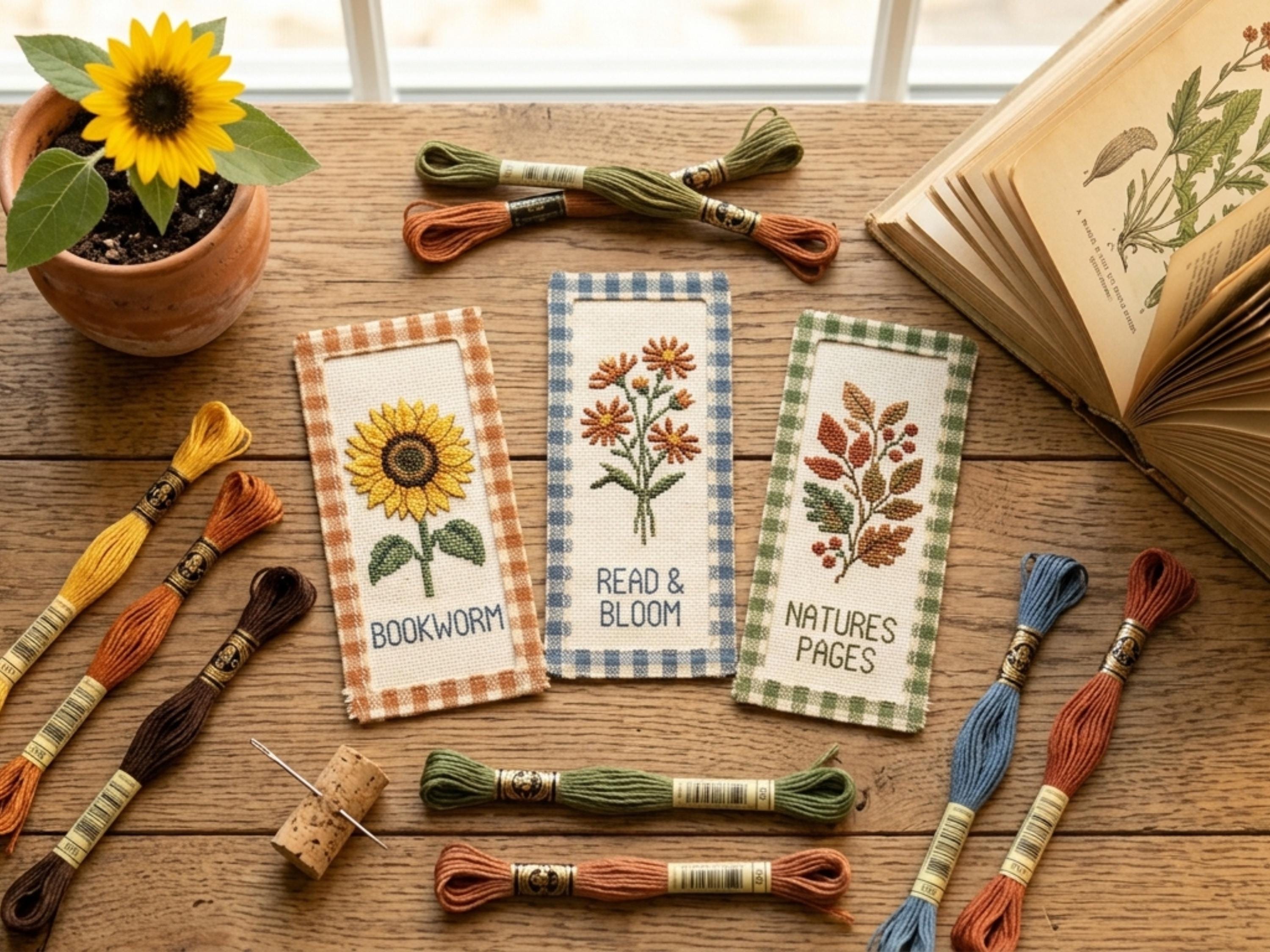 Cross Stitch Bookmark Pattern Bundle PDF, 3 Designs Sunflower Bookworm Read Bloom, Farmhouse Gingham, Easy Beginner Pattern
