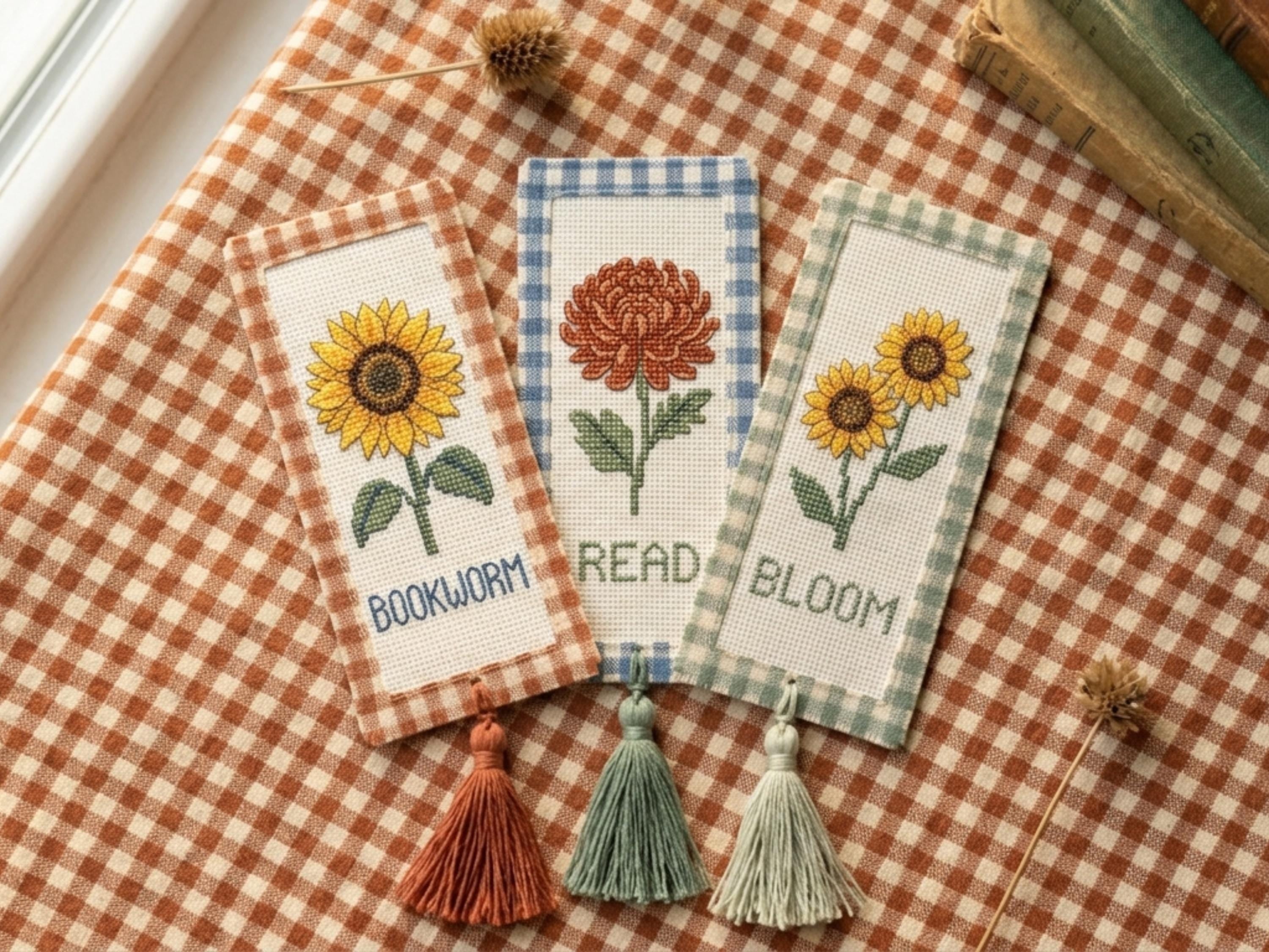 Cross Stitch Bookmark Pattern Bundle PDF, 3 Designs Sunflower Bookworm Read Bloom, Farmhouse Gingham, Easy Beginner Pattern