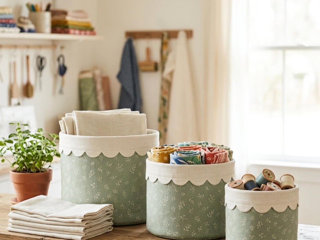 Fabric Bucket Sewing Pattern PDF, 5 Sizes Nesting Storage Bins, Scalloped Edge Basket Pattern, Nursery Organizer, Digital Download