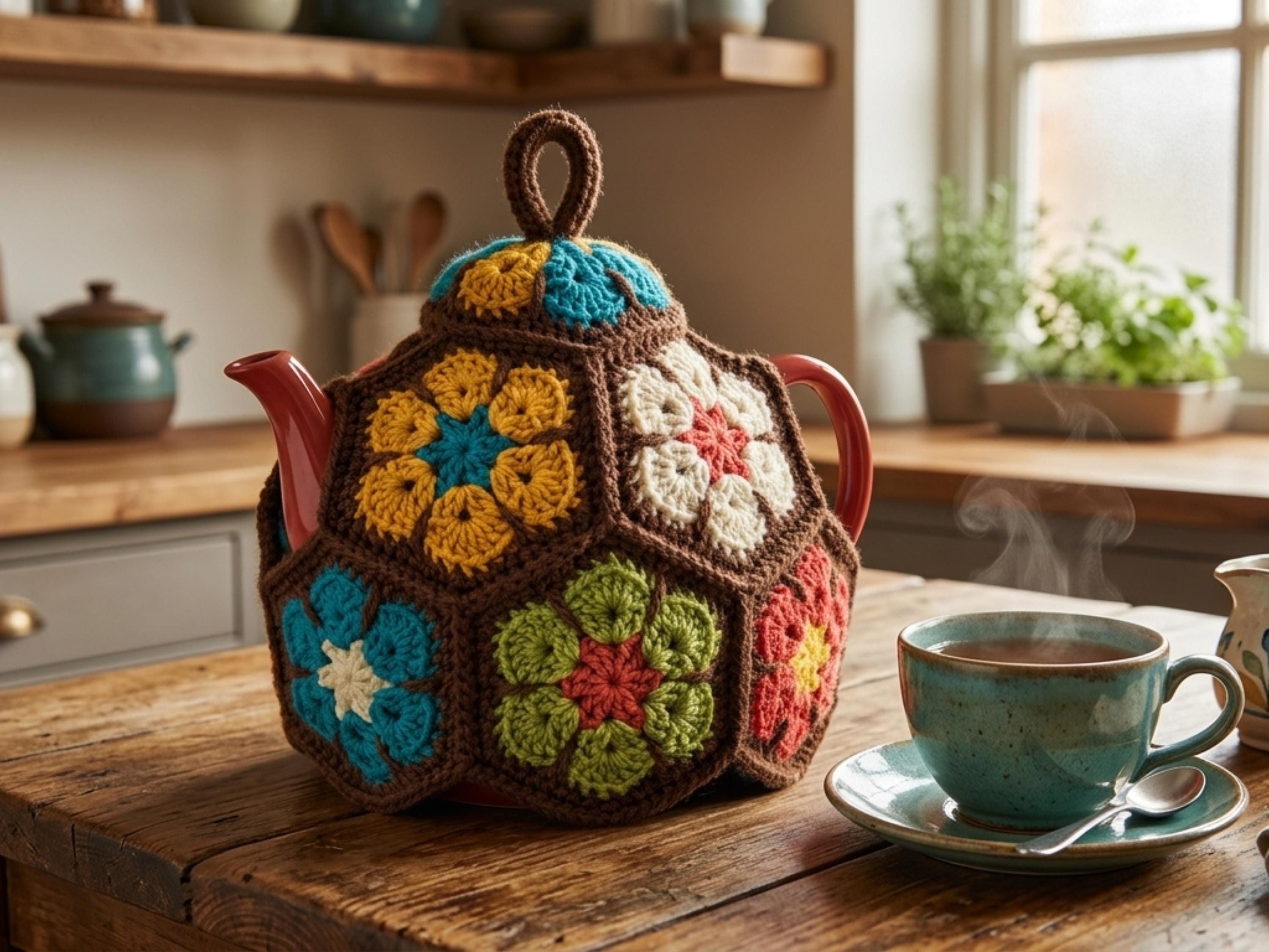 African Flower Tea Cosy Crochet Pattern, Hexagon Teapot Cover (PDF Download)
