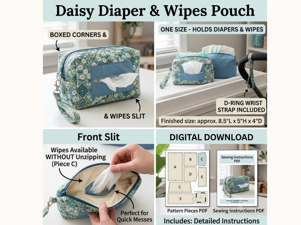 Diaper Wipes Pouch Sewing Pattern, Boxed Zip Bag with Slit (PDF Download)