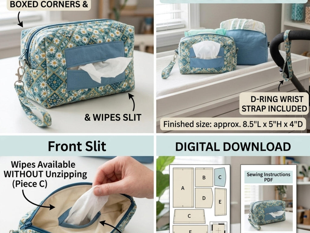 Diaper Wipes Pouch Sewing Pattern, Boxed Zip Bag with Slit (PDF Download)
