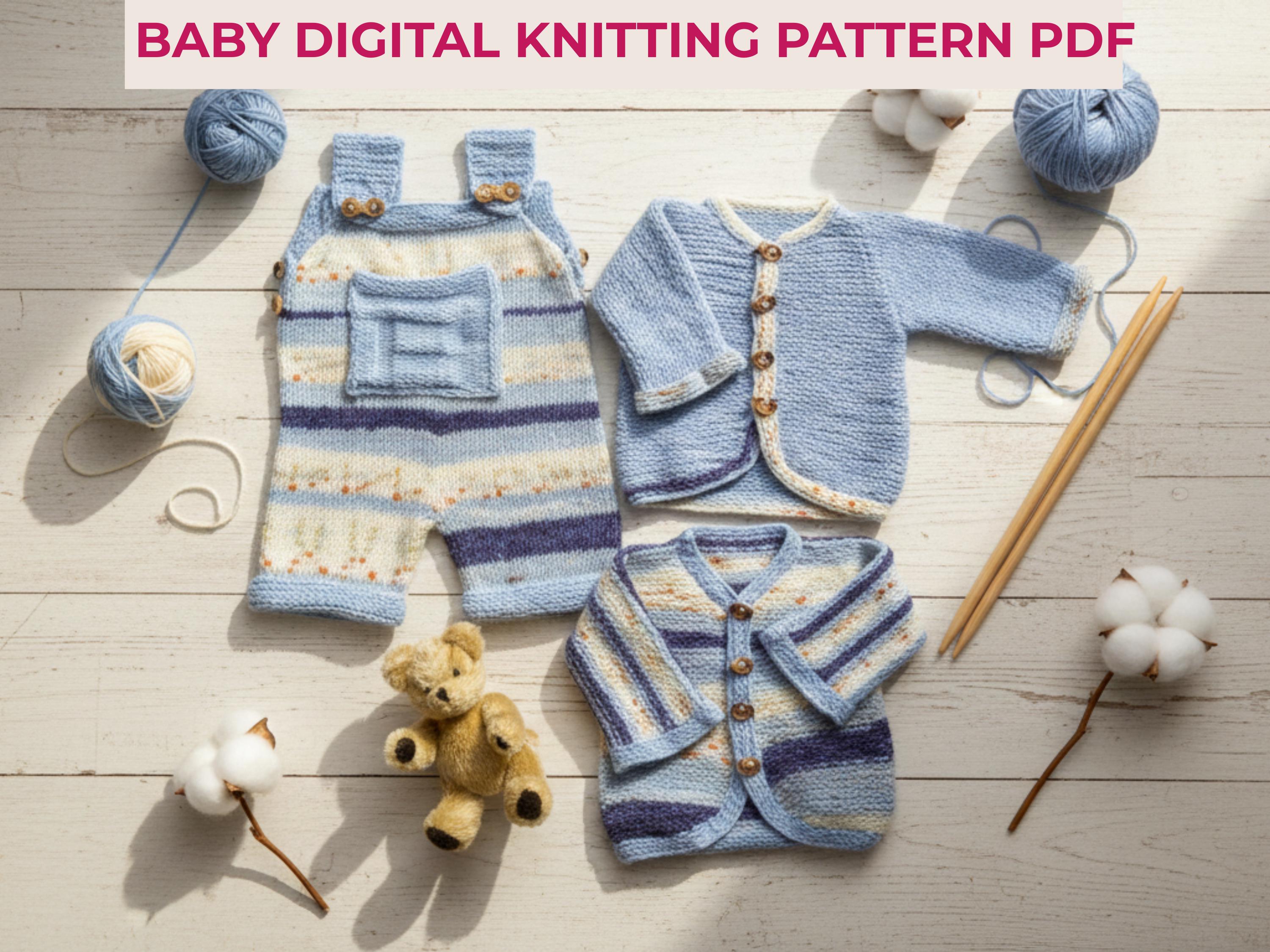 Baby Romper Knitting Pattern – Vintage   Style Dungarees and Bolero Cardigan DK 8ply 0-12 months (PDF Download)