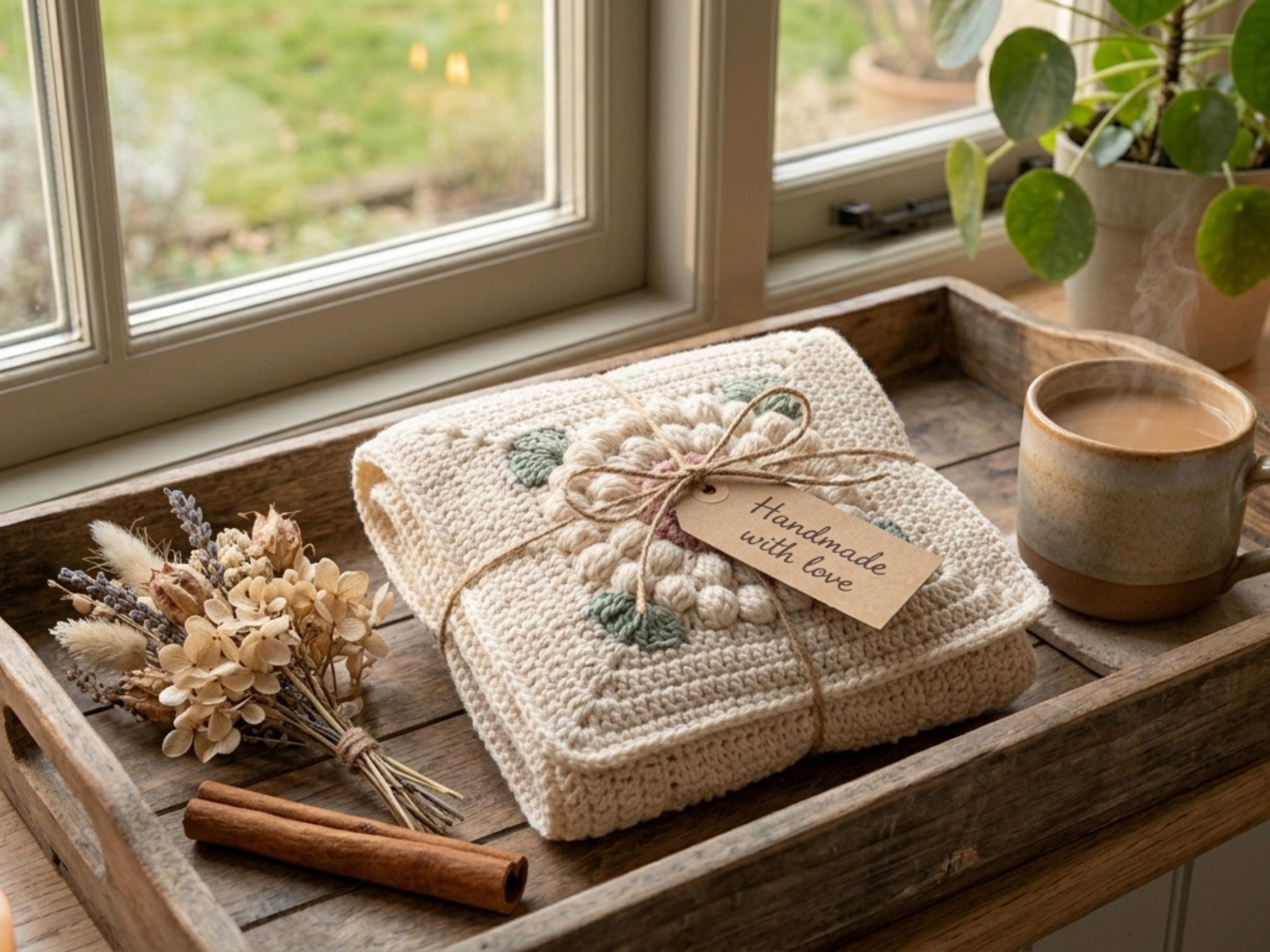 Farmhouse Crochet Sofa Caddy Pattern, Floral Bobble Armchair Organizer (PDF Download)