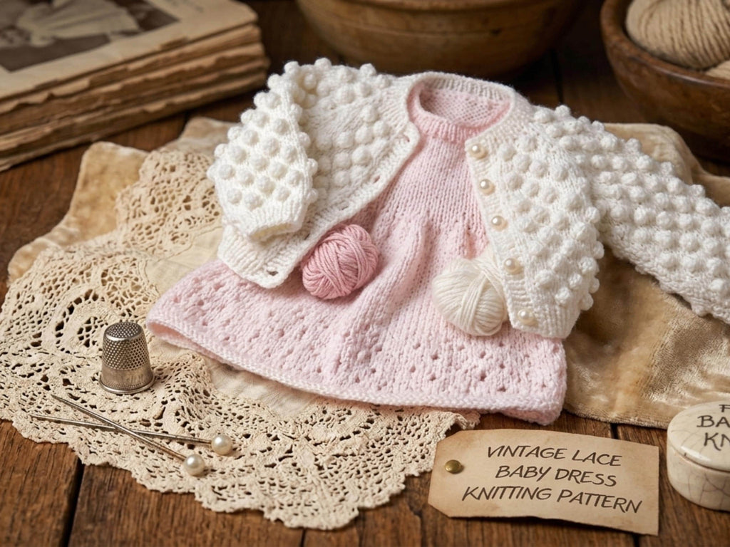 Baby Girl Knitting Pattern, Bobble Cardigan, Eyelet Dress, Shoes (PDF Download)