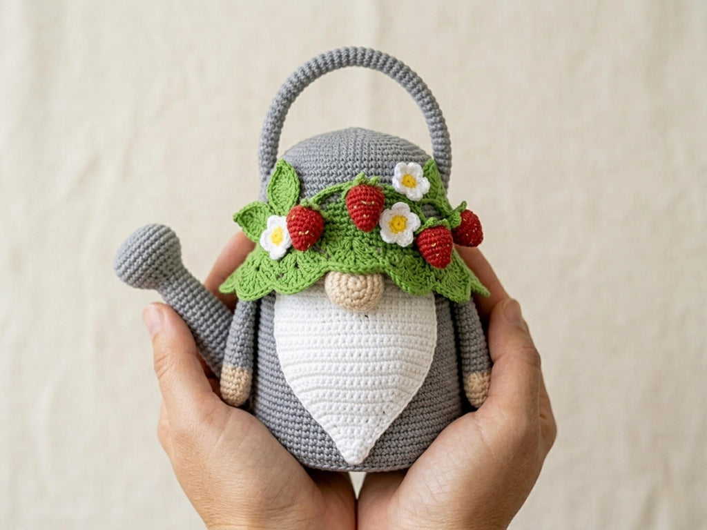 Crochet Watering Can Gnome Pattern, Strawberry Flower Amigurumi PDF