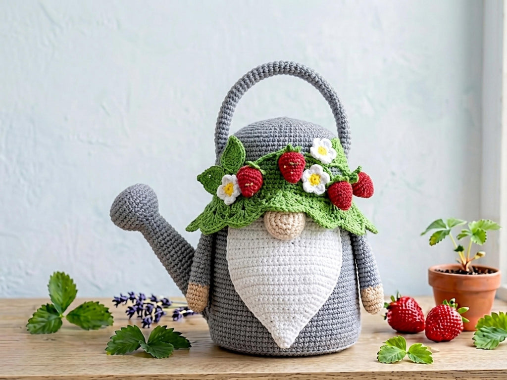 Crochet Watering Can Gnome Pattern, Strawberry Flower Amigurumi PDF