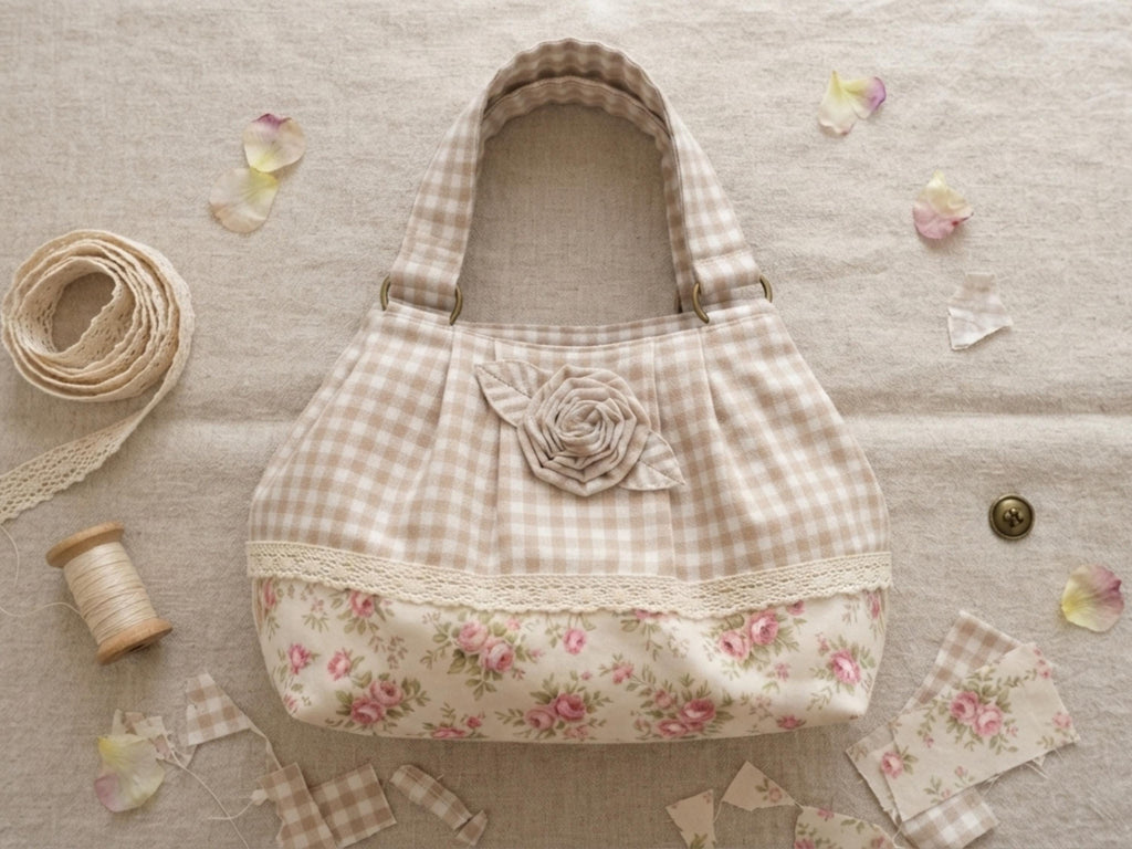 RETIREMENT SALE *Gingham Lace Rosette Tote Bag Sewing Pattern PDF, Romantic Gathered Bag Tutorial, Cottage Style Handbag