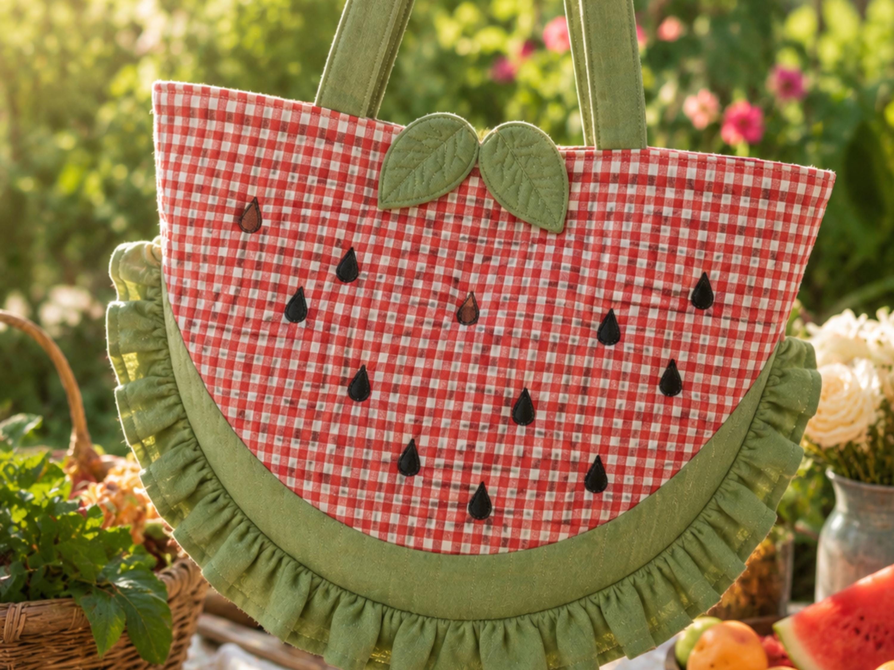 Watermelon Bag Sewing Pattern PDF, Ruffled Novelty Tote, Fruit Bag Pattern, Summer Market Bag, Beginner Sewing, Instant Download