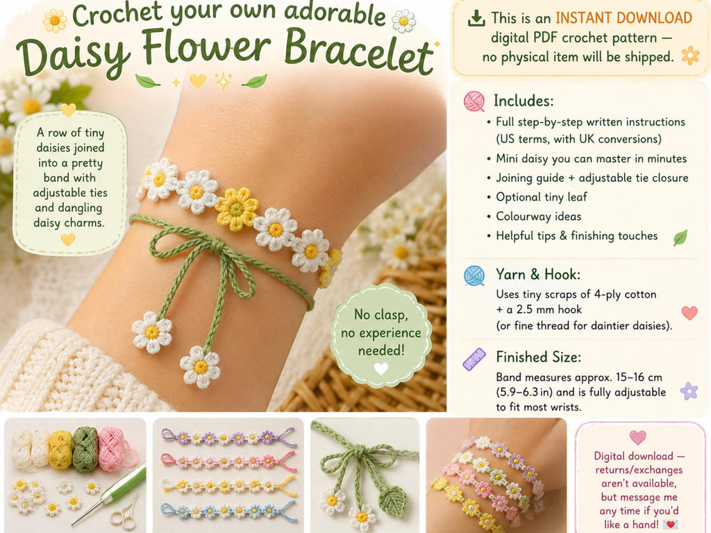 Crochet Daisy Bracelet Pattern PDF, Beginner Flower Jewellery Tutorial (Digital Download)