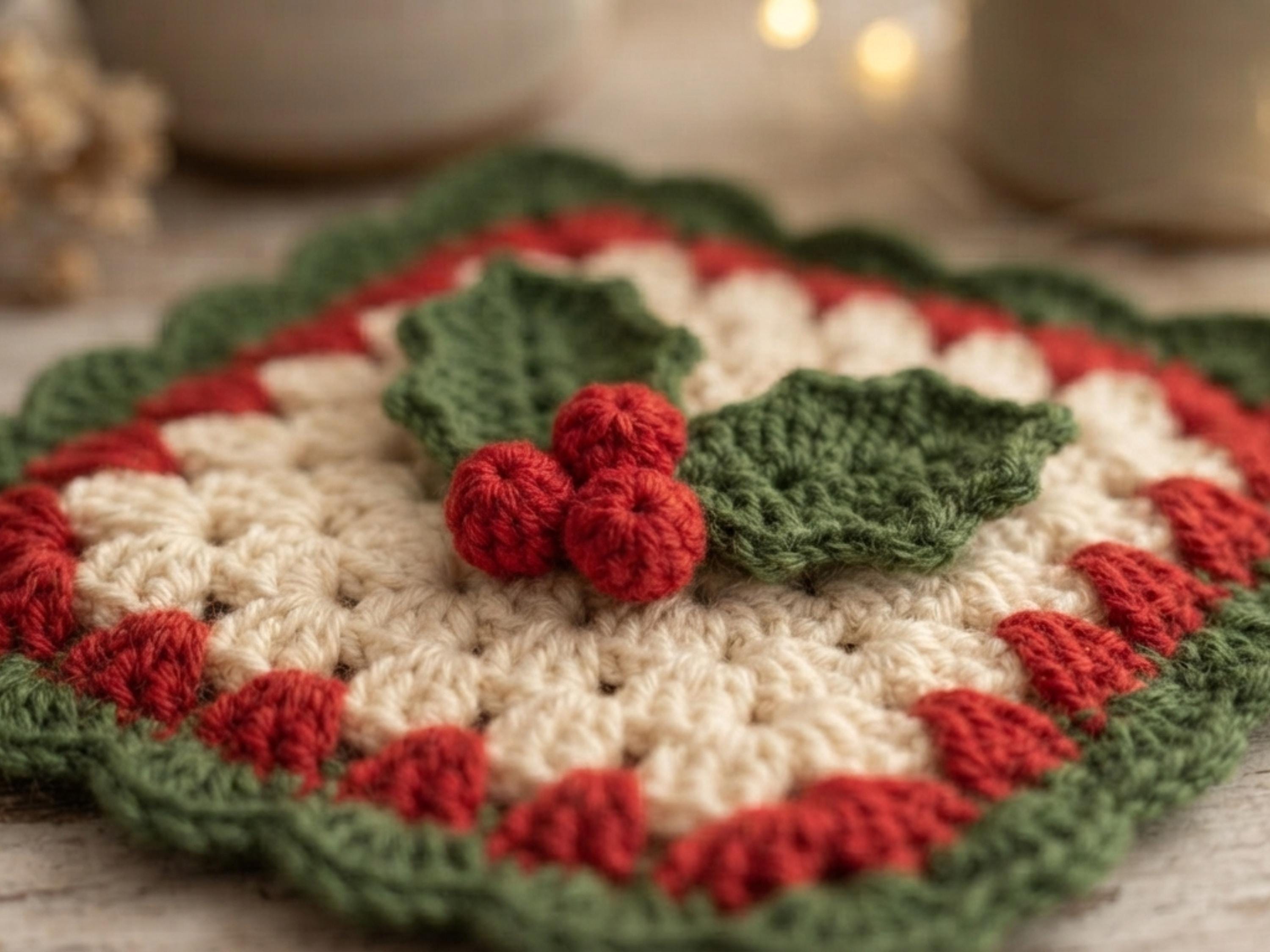 Holly Berries Granny Square Crochet Pattern PDF – Coaster, Afghan Block & Ornament Bundle Instant Download
