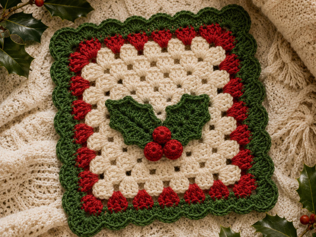 Holly Berries Granny Square Crochet Pattern PDF – Coaster, Afghan Block & Ornament Bundle Instant Download