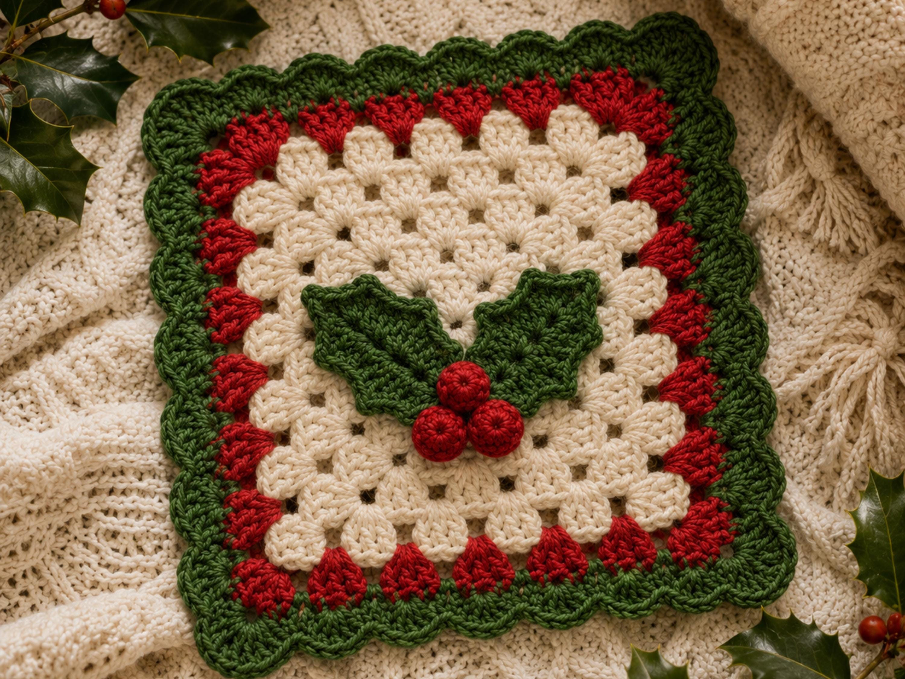 Holly Berries Granny Square Crochet Pattern PDF – Coaster, Afghan Block & Ornament Bundle Instant Download