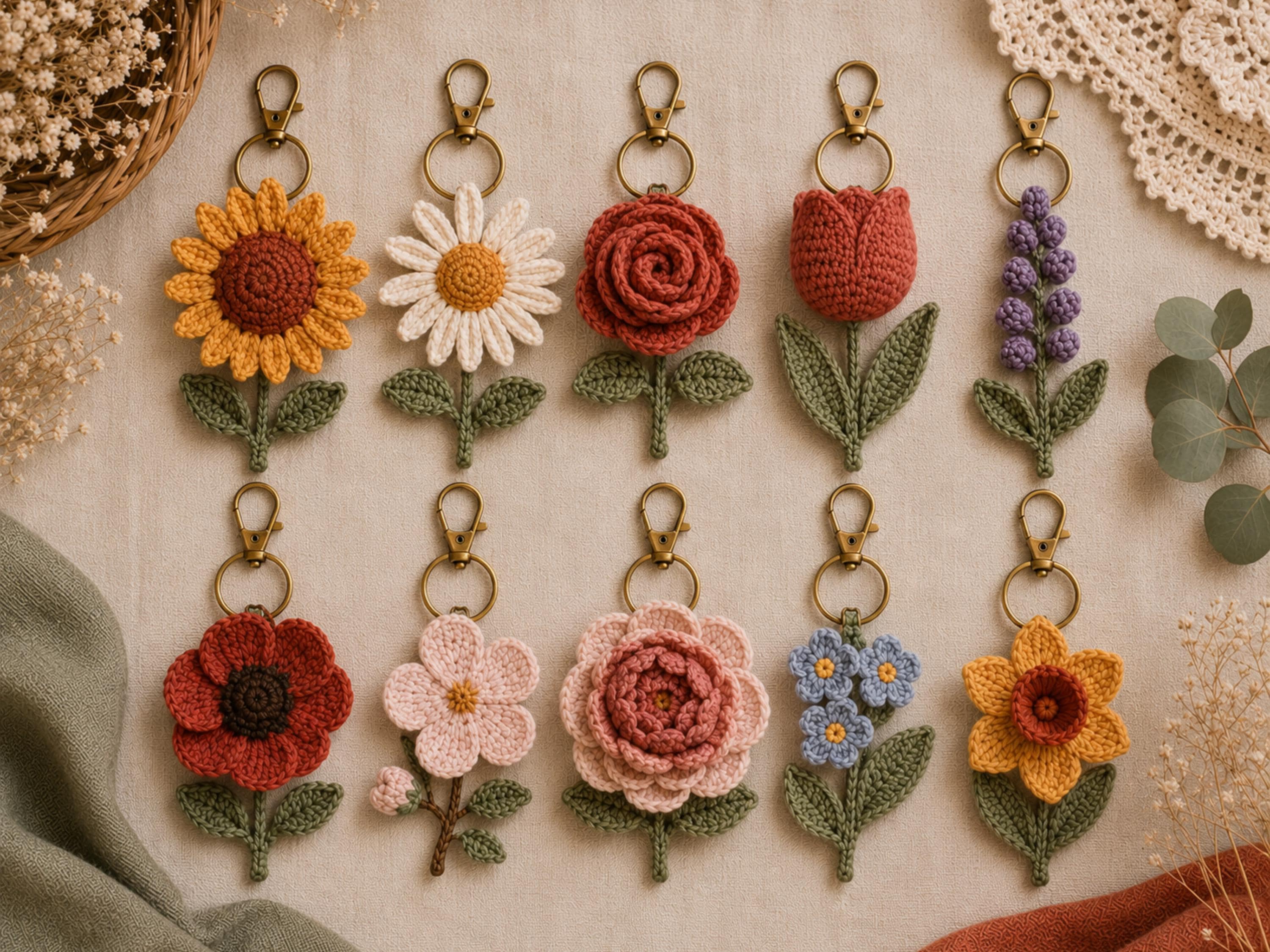 Flower Crochet Keychain Pattern Bundle 10 Designs PDF Amigurumi Bag Charm Sunflower Rose Tulip Peony Daisy Beginner Digital Download