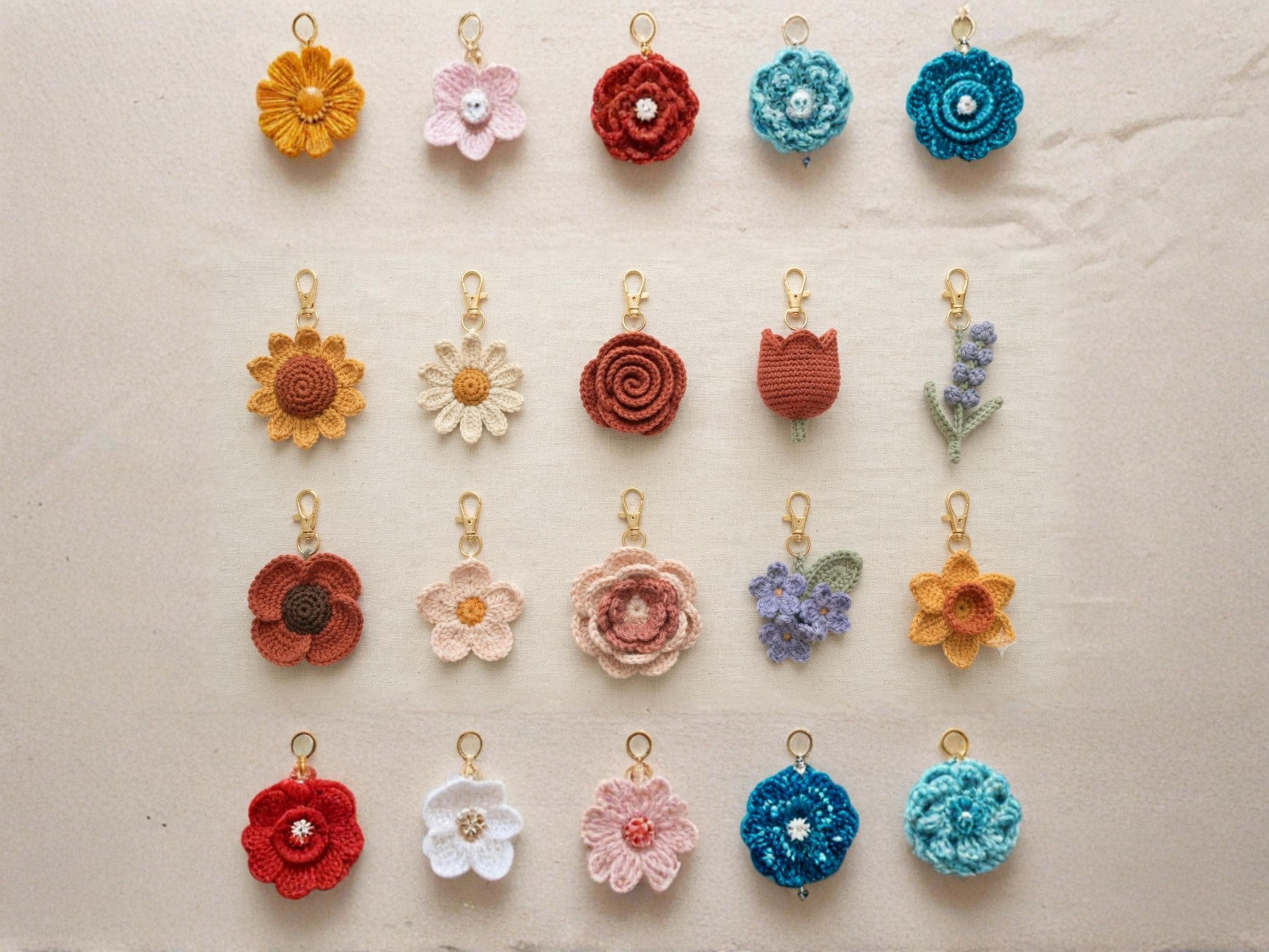 Flower Crochet Keychain Pattern Bundle 10 Designs PDF Amigurumi Bag Charm Sunflower Rose Tulip Peony Daisy Beginner Digital Download