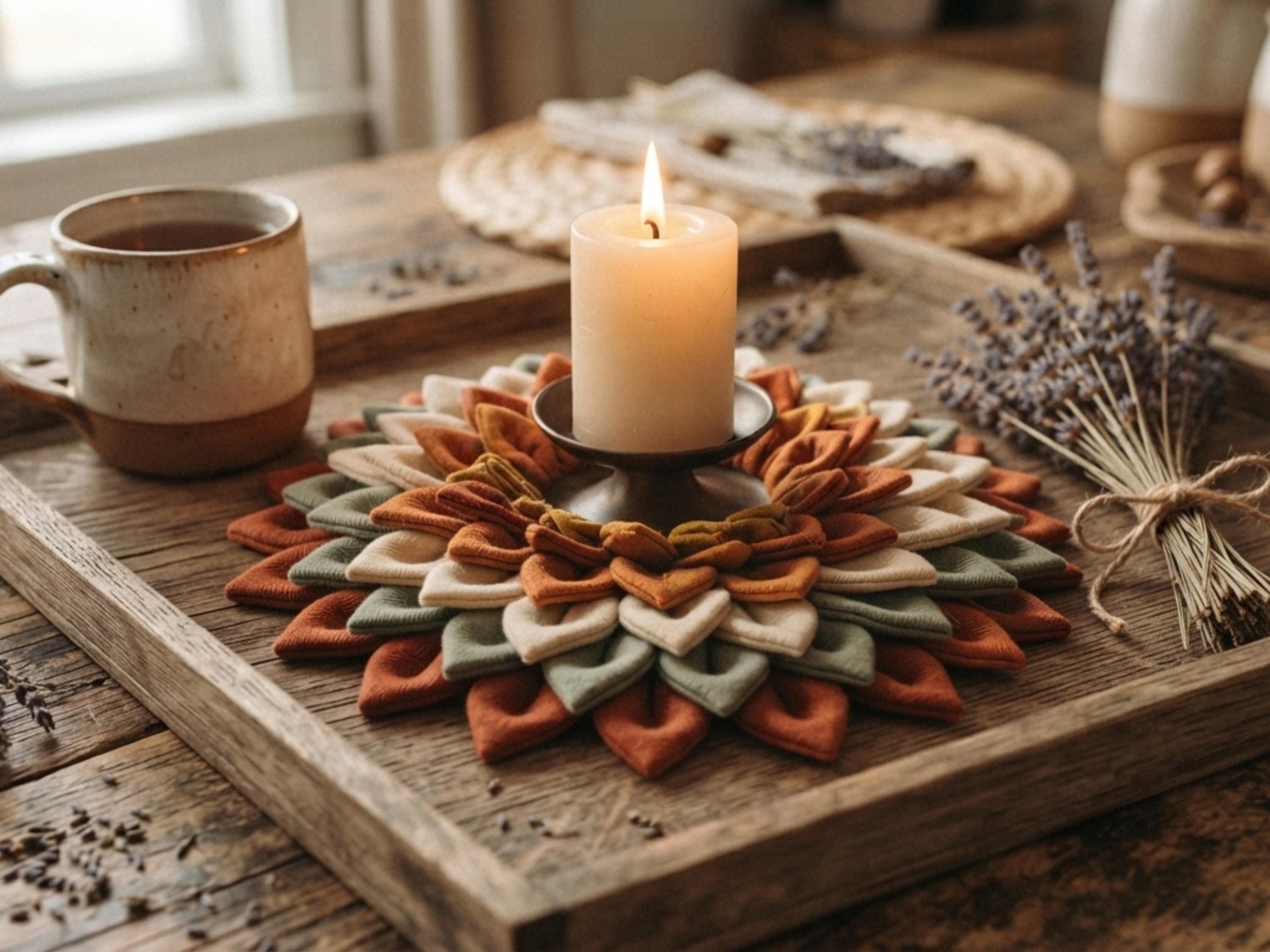 Farmhouse Sunflower Candle Mat Sewing Pattern PDF Folded Fabric Table Topper No Sew Petal Tutorial Digital Download Dahlia Style