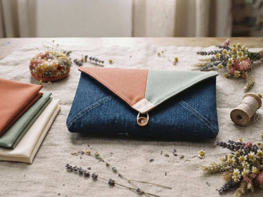 Denim Tote Sewing Pattern PDF Envelope Clutch Pennant Patchwork Flap Farmhouse Bag Digital Download