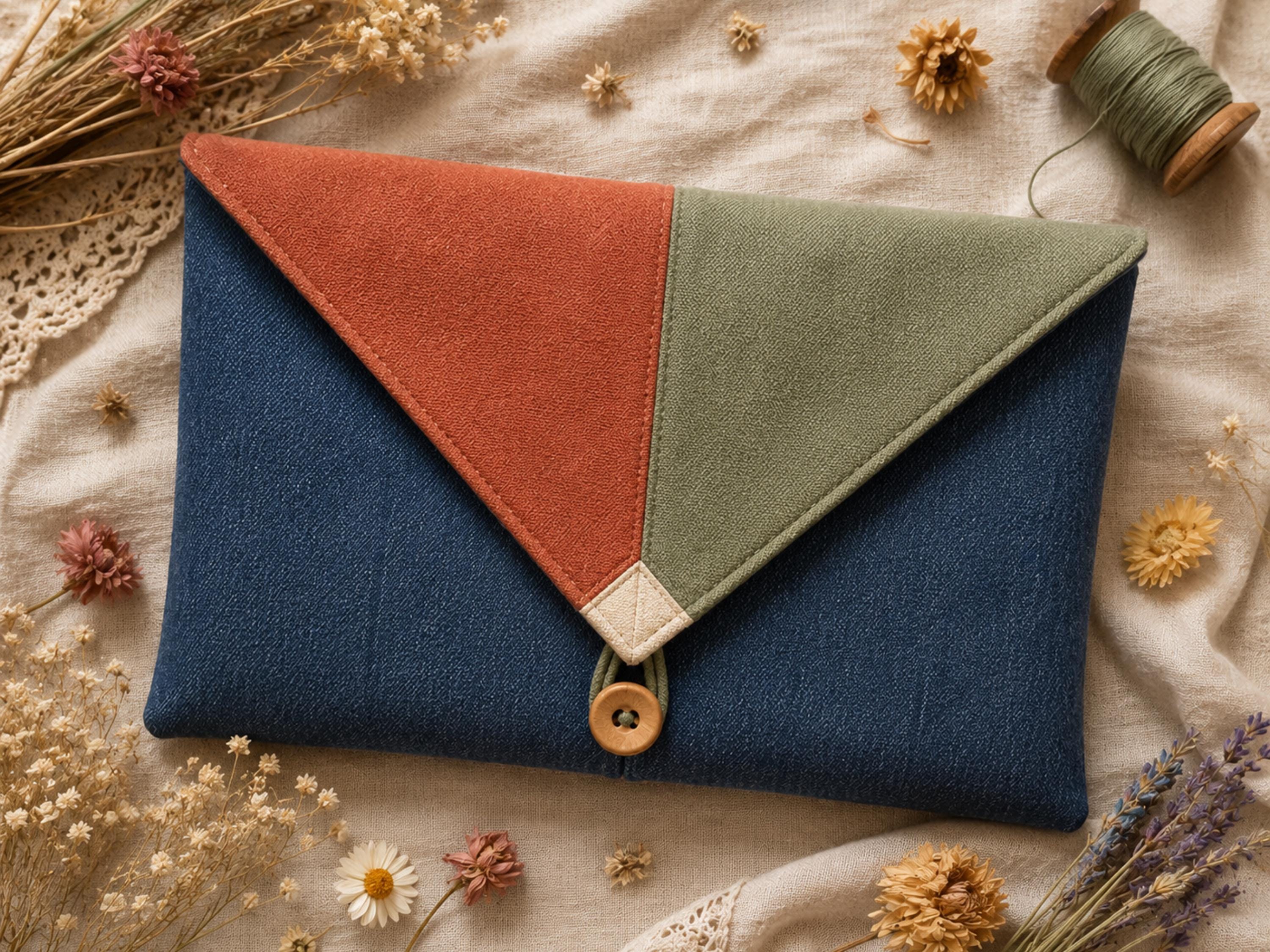 Denim Tote Sewing Pattern PDF Envelope Clutch Pennant Patchwork Flap Farmhouse Bag Digital Download