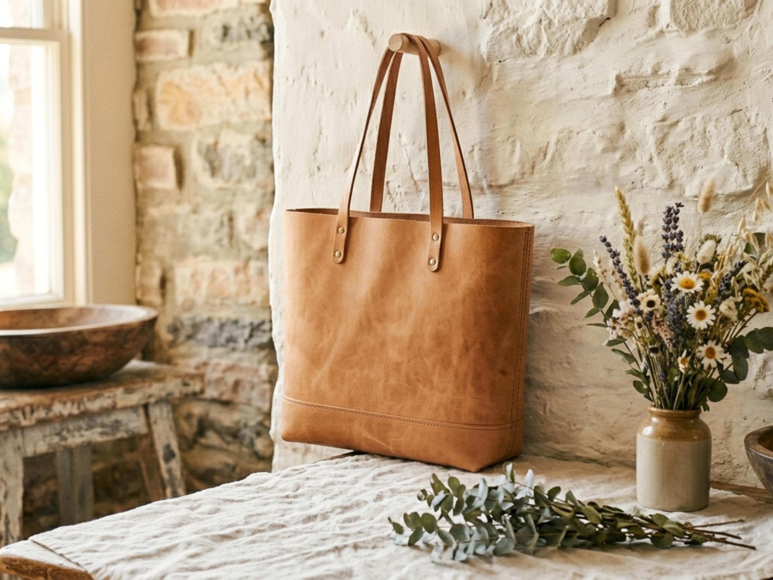 Leather Tote Bag Pattern PDF, DIY Beginner Leather Bag Template, Stitch Holes Marked, Minimalist Tote, A0 + US Letter, Instant Download