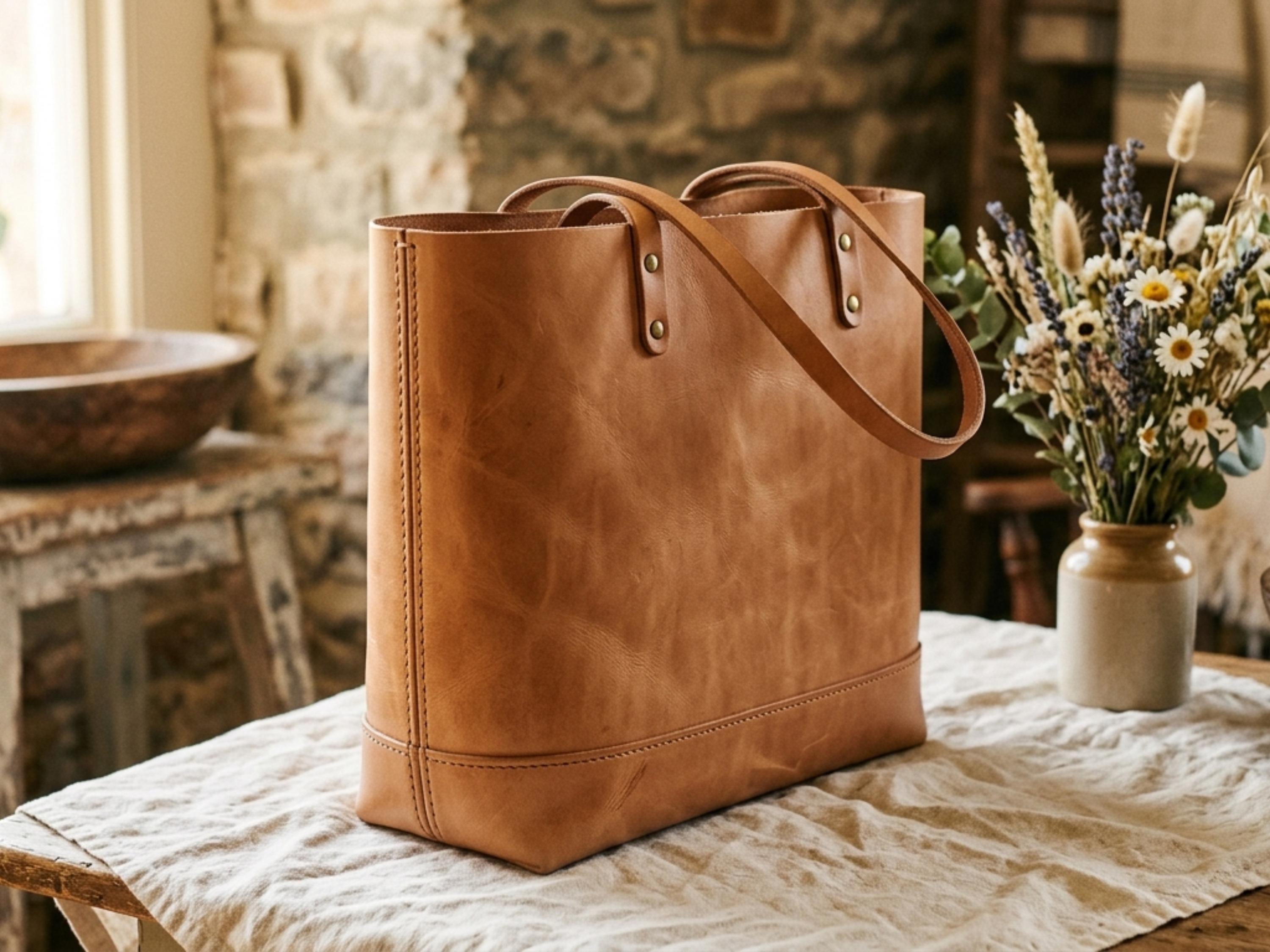 Leather Tote Bag Pattern PDF, DIY Beginner Leather Bag Template, Stitch Holes Marked, Minimalist Tote, A0 + US Letter, Instant Download