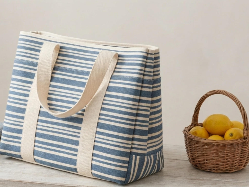 Beach Bag Tote Sewing Pattern, PDF Boxed Tote with Handles, Striped Beach Tote Pattern, Original Bag Pattern, Beginner Sewing Project
