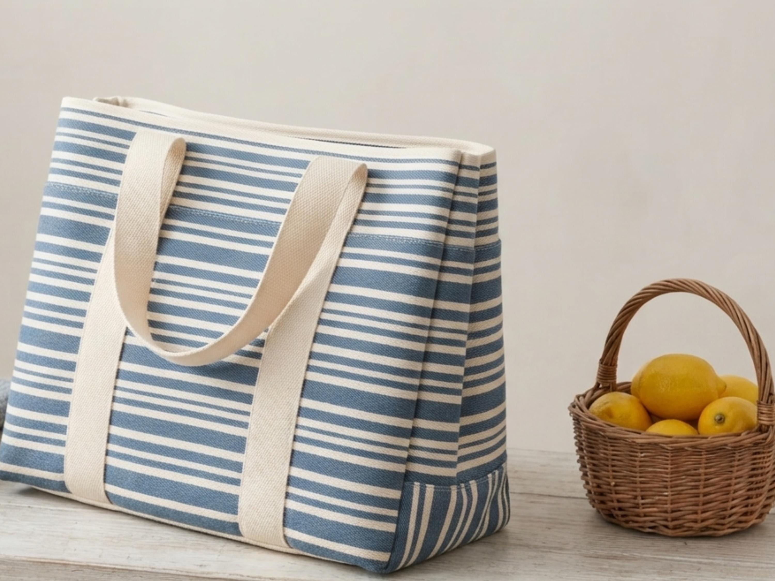 Beach Bag Tote Sewing Pattern, PDF Boxed Tote with Handles, Striped Beach Tote Pattern, Original Bag Pattern, Beginner Sewing Project