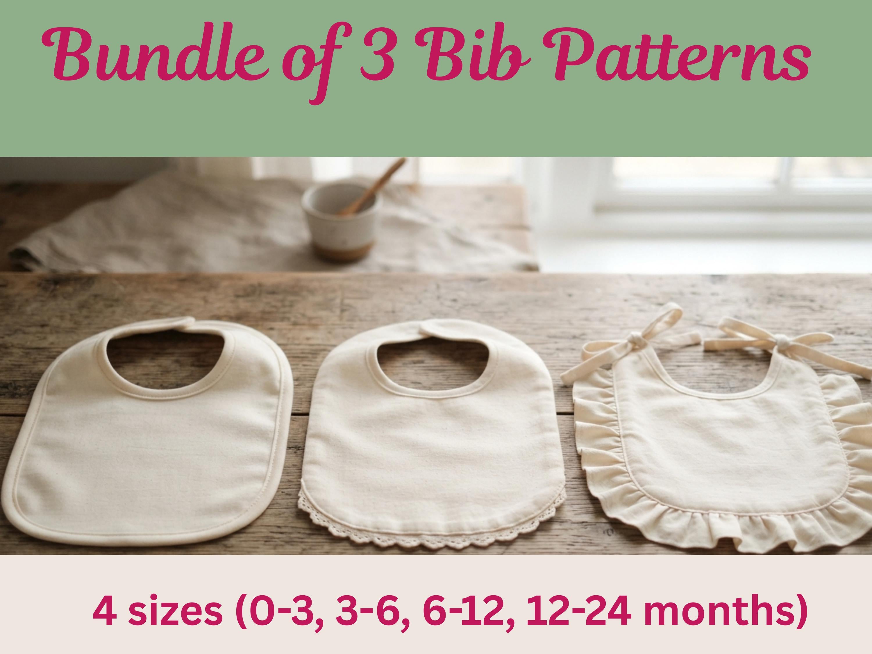 Baby Bib Trio Sewing Pattern Bundle PDF, Classic Scalloped Ruffle Bibs, 4 Sizes, Beginner Friendly, Instant Download