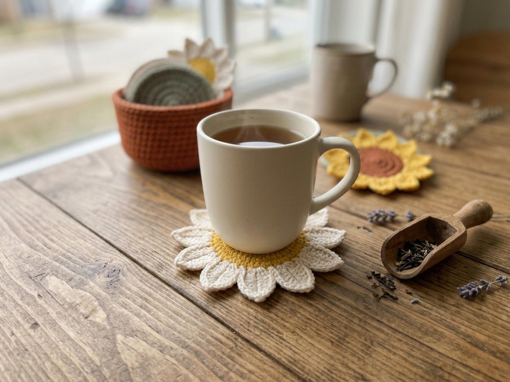 Crochet Coaster Set Pattern PDF, Sunflower Daisy Flower Coasters with Mini Pot Holder, Beginner Faceless Home Decor, Easy PDF Download