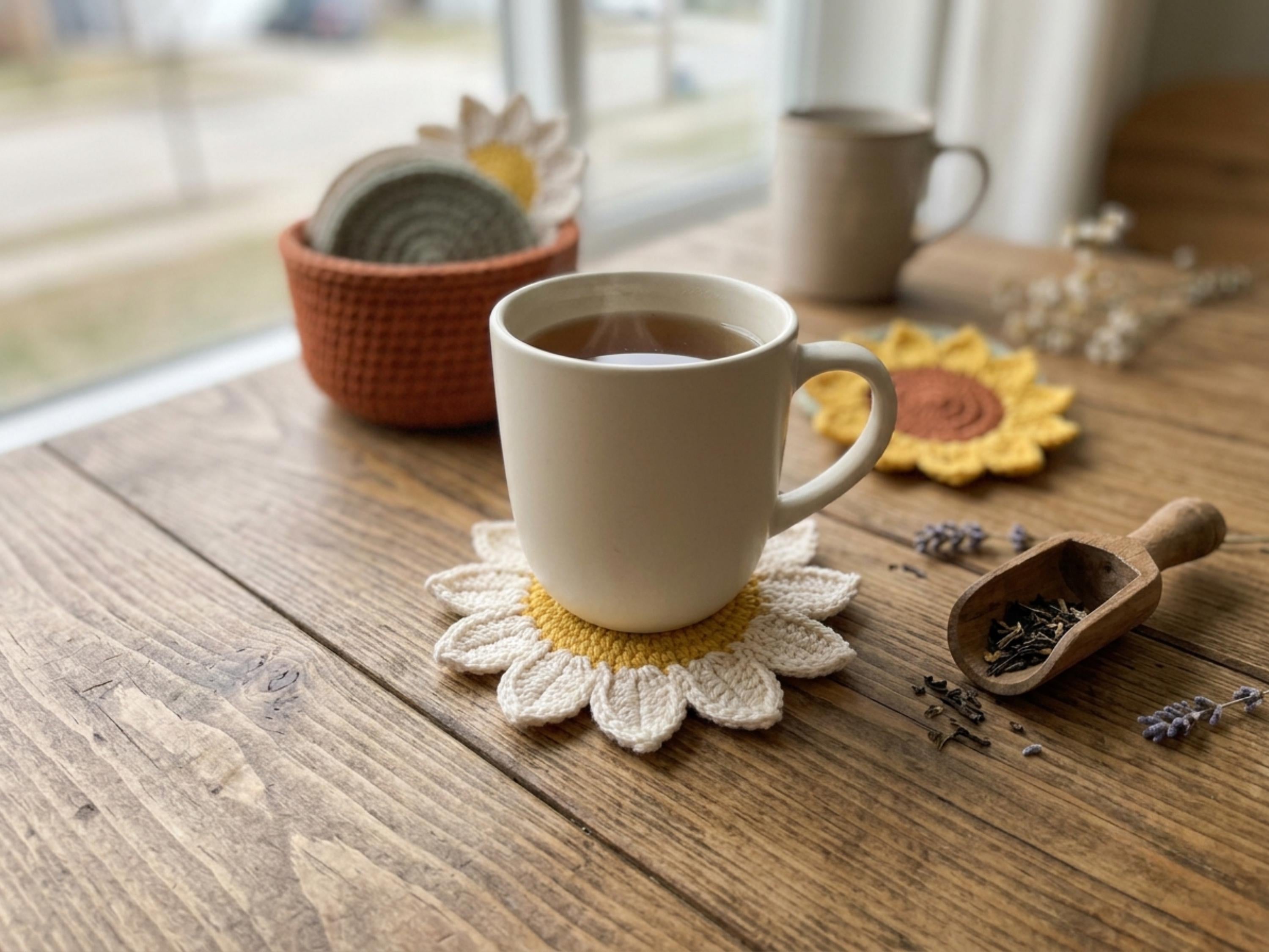 Crochet Coaster Set Pattern PDF, Sunflower Daisy Flower Coasters with Mini Pot Holder, Beginner Faceless Home Decor, Easy PDF Download