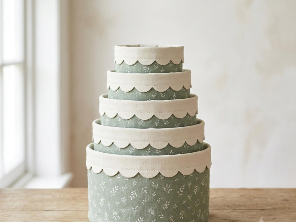 Fabric Bucket Sewing Pattern PDF, 5 Sizes Nesting Storage Bins, Scalloped Edge Basket Pattern, Nursery Organizer, Digital Download