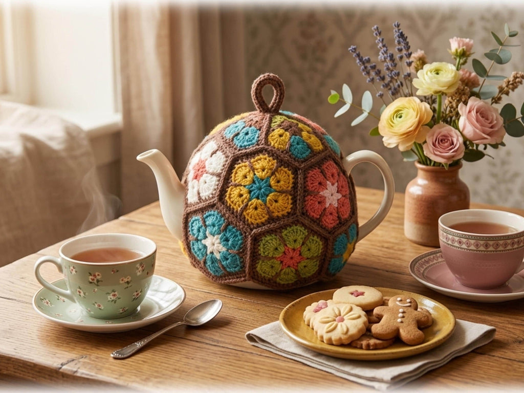 African Flower Tea Cosy Crochet Pattern, Hexagon Teapot Cover (PDF Download)