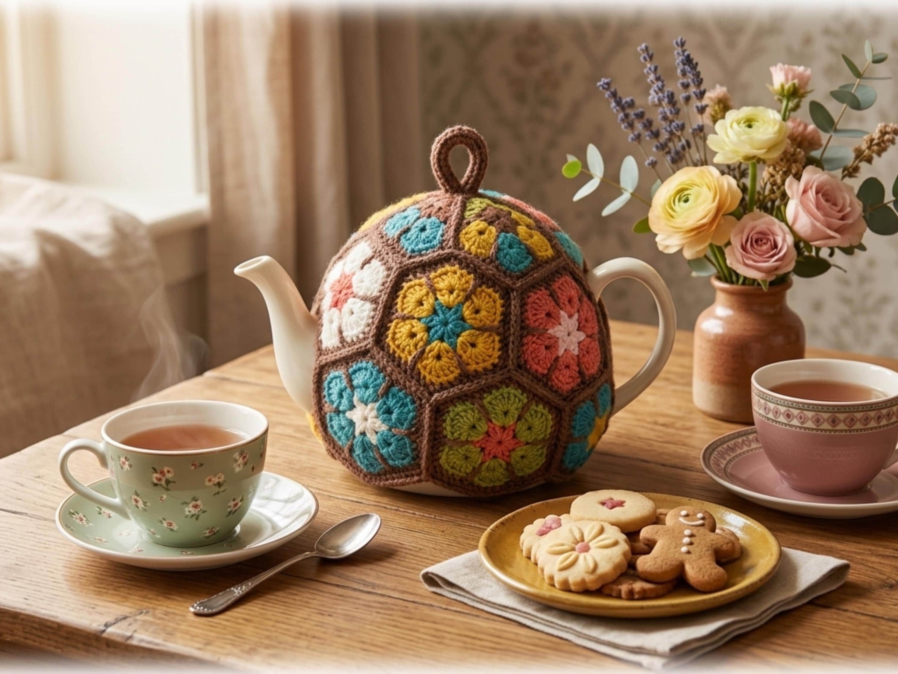 African Flower Tea Cosy Crochet Pattern, Hexagon Teapot Cover (PDF Download)