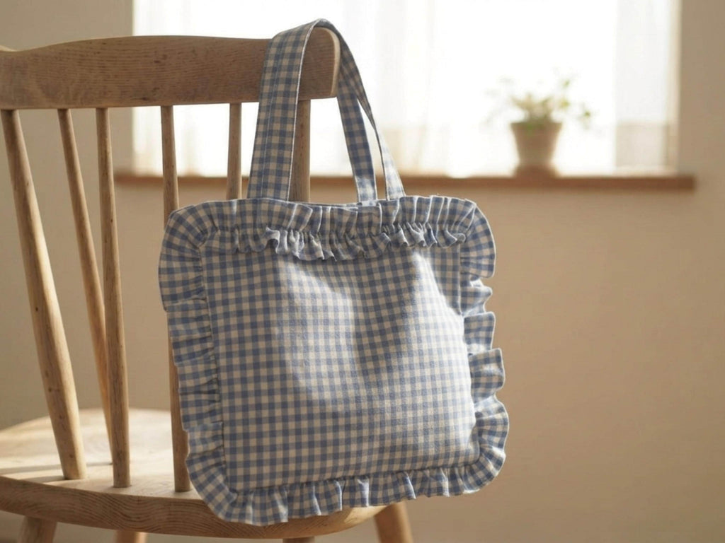 Ruffle Tote Bag Sewing Pattern PDF | Gingham Shoulder Bag | Gathered Ruffle Edge Tote Digital Download