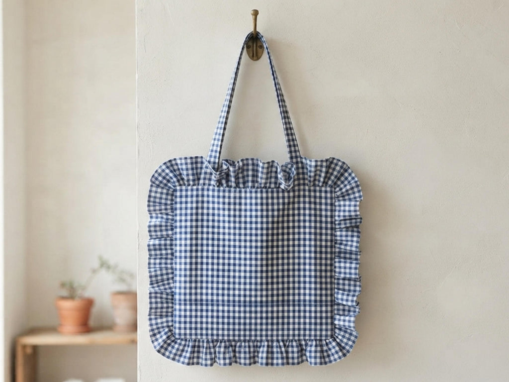 Ruffle Tote Bag Sewing Pattern PDF | Gingham Shoulder Bag | Gathered Ruffle Edge Tote Digital Download