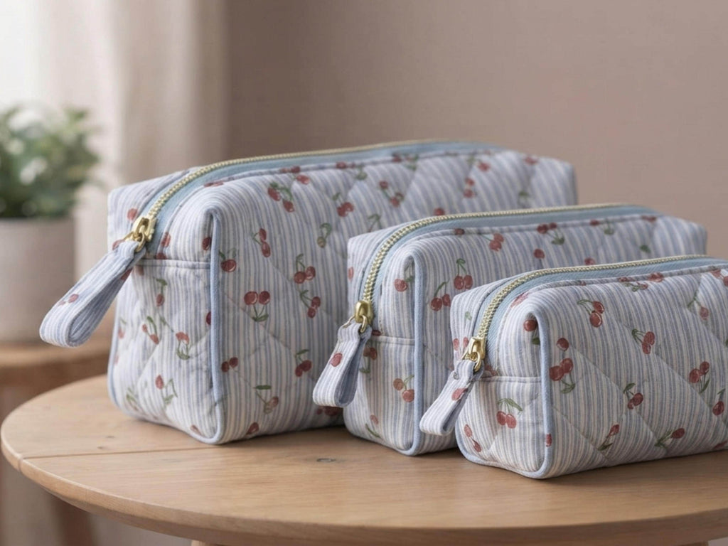Cosmetic Bag Sewing Pattern PDF | Quilted Zip Pouch 3 Sizes | Cherry Stripe Makeup Bag Digital Download