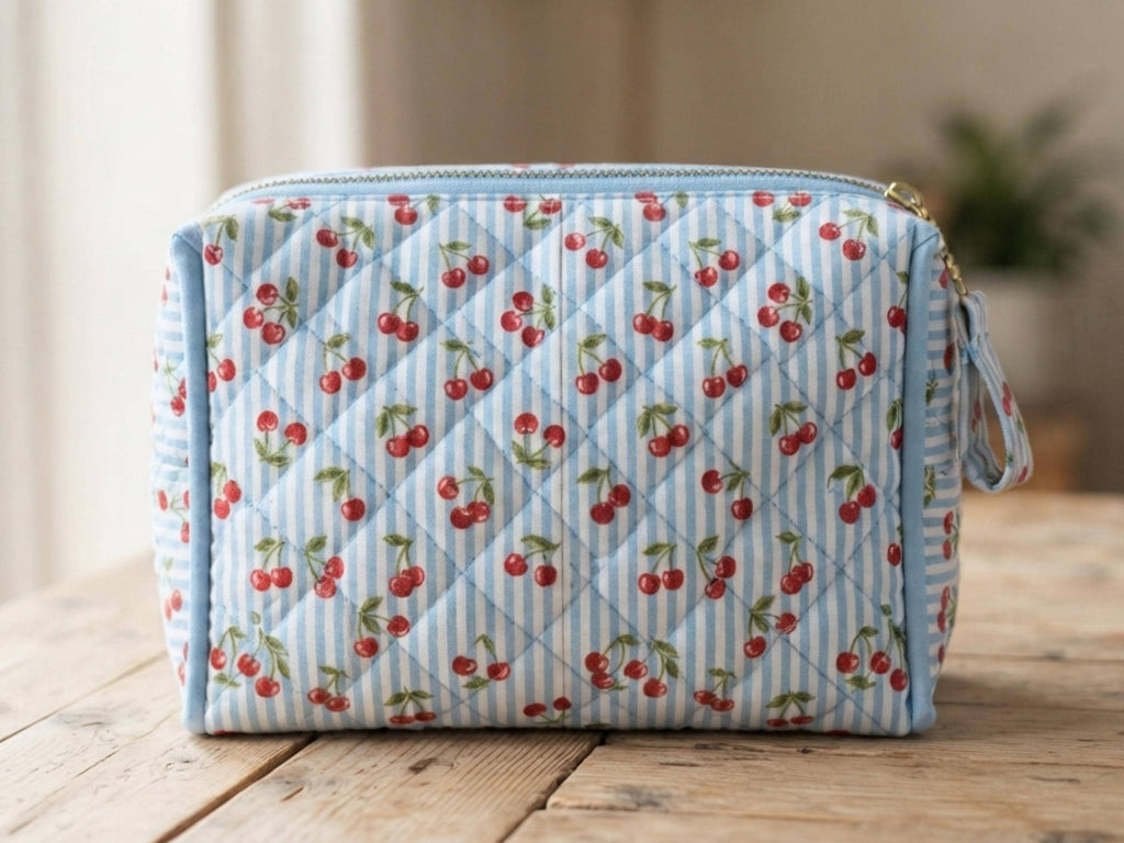 Cosmetic Bag Sewing Pattern PDF | Quilted Zip Pouch 3 Sizes | Cherry Stripe Makeup Bag Digital Download