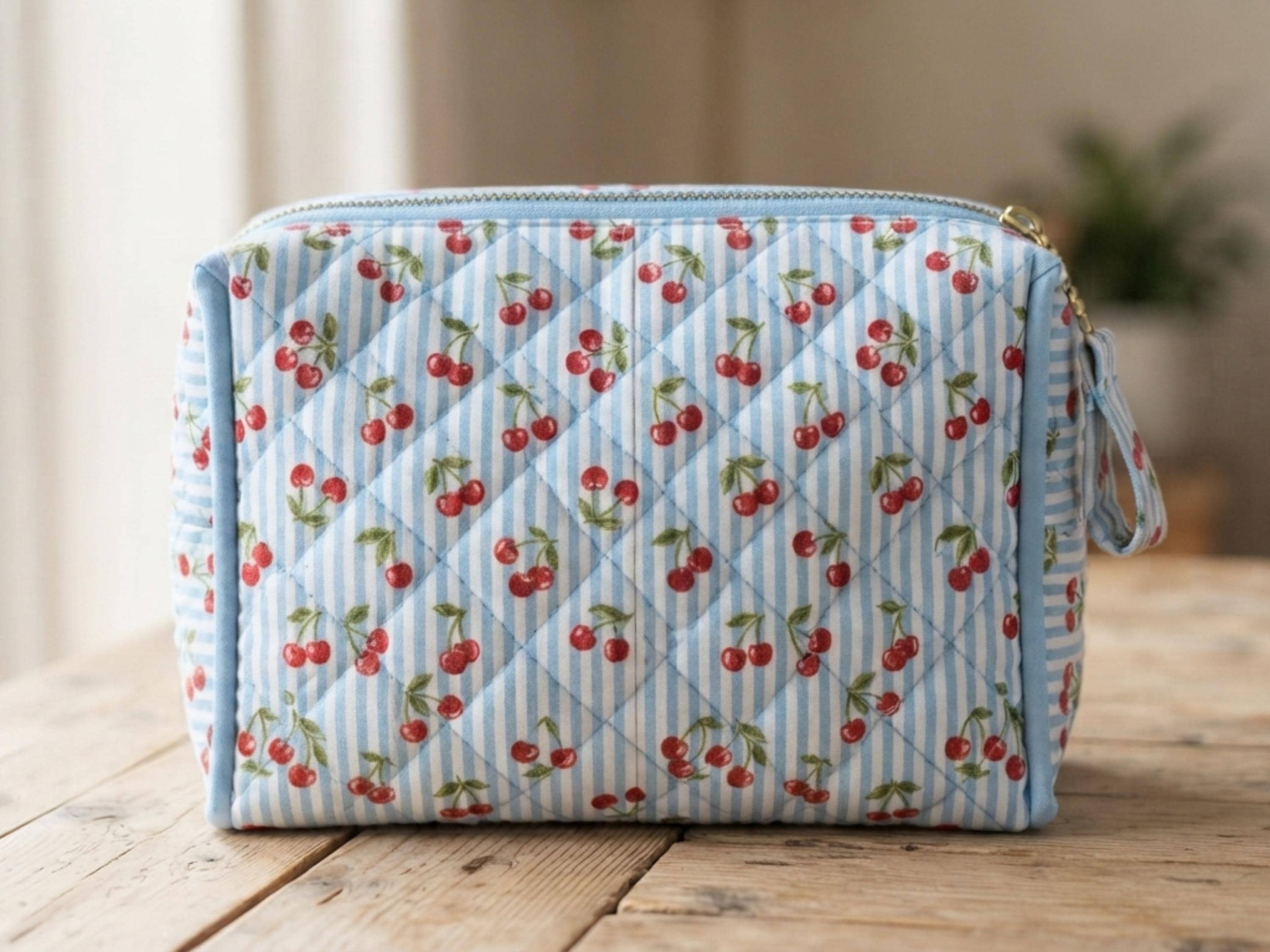 Cosmetic Bag Sewing Pattern PDF | Quilted Zip Pouch 3 Sizes | Cherry Stripe Makeup Bag Digital Download