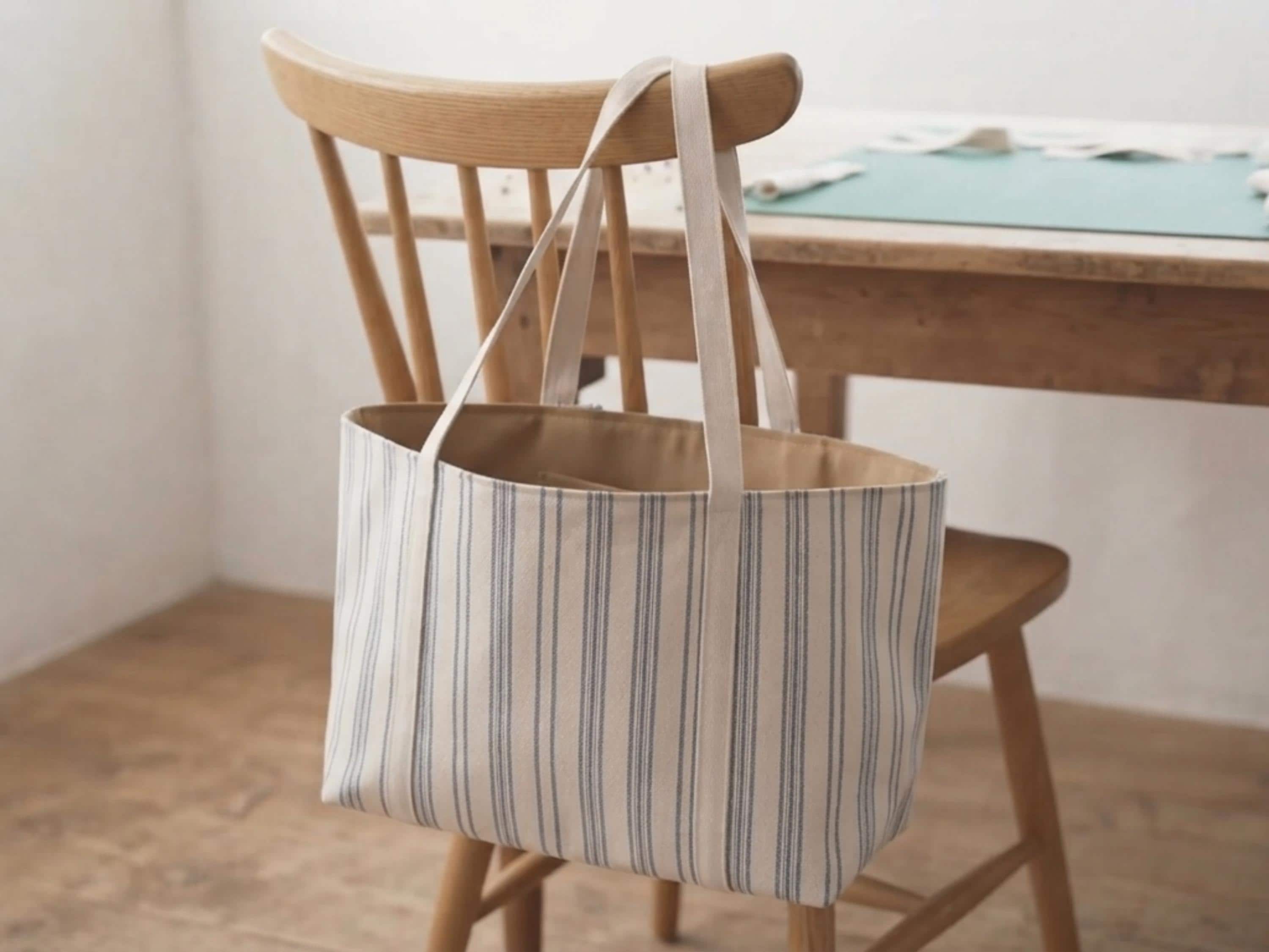 Canvas Tote Bag Sewing Pattern PDF | Striped Shoulder Tote | Boxed Base Bag Digital Download