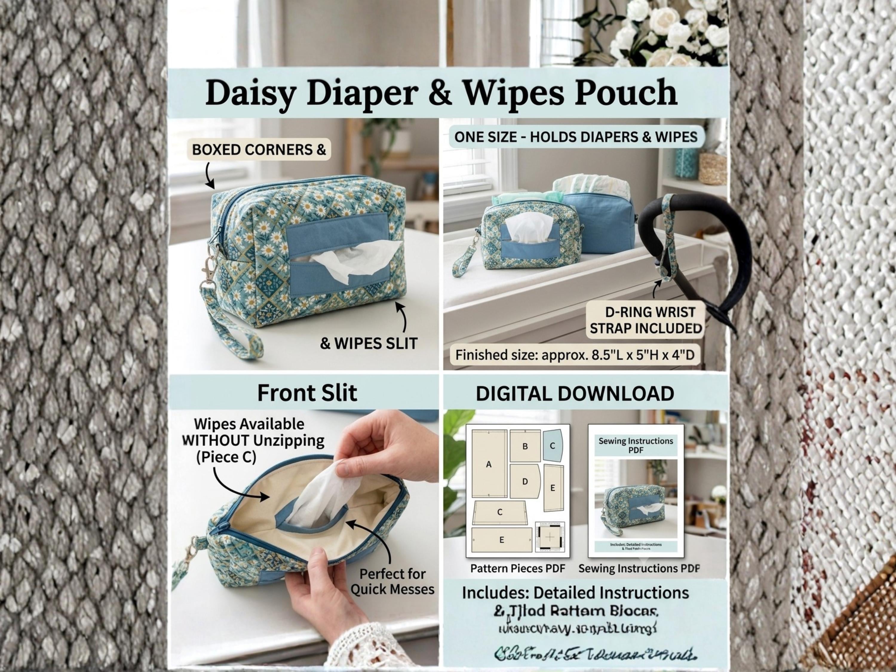 Diaper Wipes Pouch Sewing Pattern, Boxed Zip Bag with Slit (PDF Download)