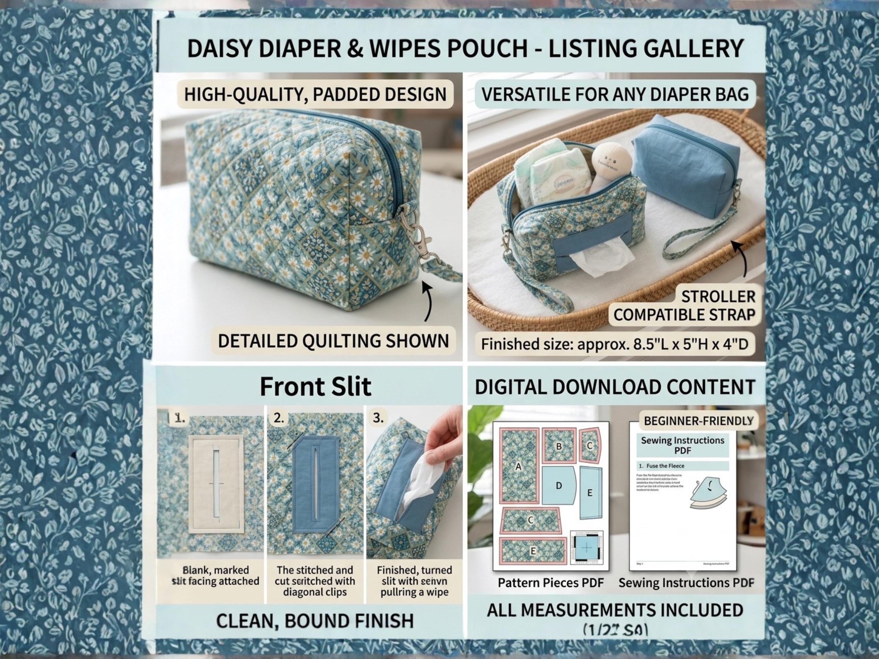 Diaper Wipes Pouch Sewing Pattern, Boxed Zip Bag with Slit (PDF Download)